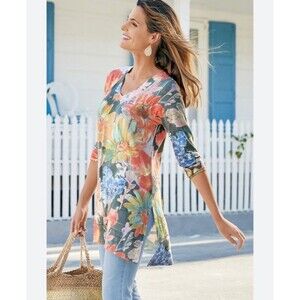 Soft Surroundings Wild Floral V-neck 3/4 Sleeve Lightweight Sweater Size Small